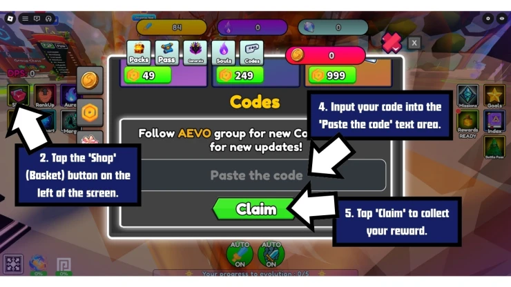 Roblox Anime Evolution redeem code screen showing where to enter Roblox Anime Evolution codes
