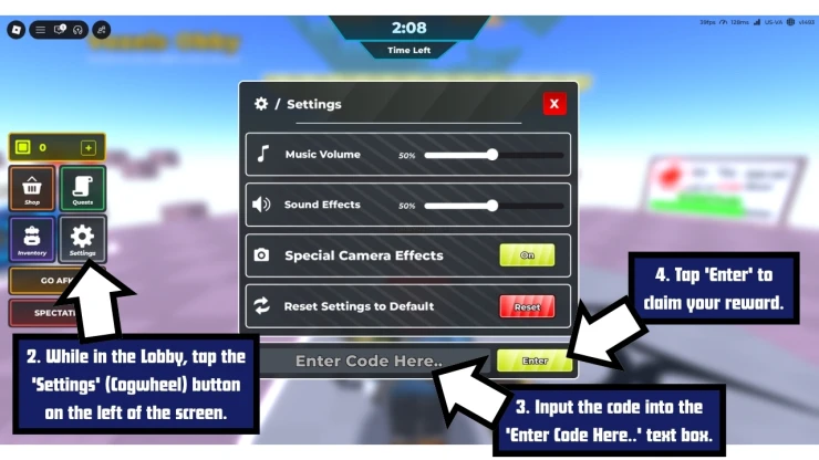Rocket Spleef redeem code screen showing where to enter Rocket Spleef codes