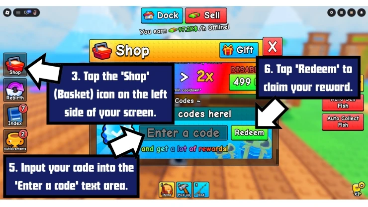 Roll a Fisherman redeem code screen showing where to enter Roll a Fisherman codes