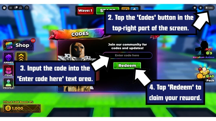 Roll Anime to Fight redeem code screen showing where to enter Roll Anime to Fight codes