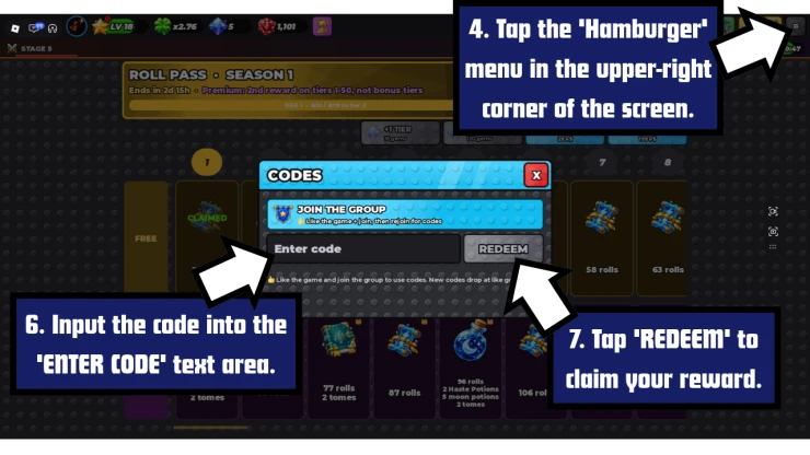 Roll A Stickman redeem code screen showing where to enter Roll A Stickman codes