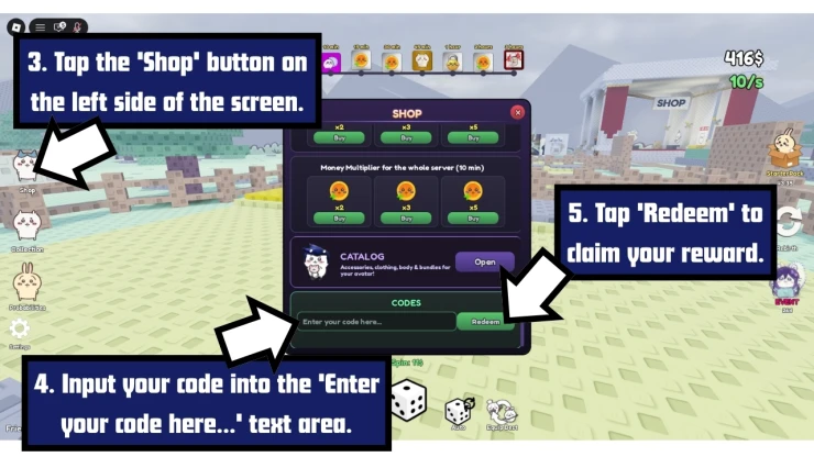Roll for Chiikawa redeem code screen showing where to enter Roll for Chiikawa codes