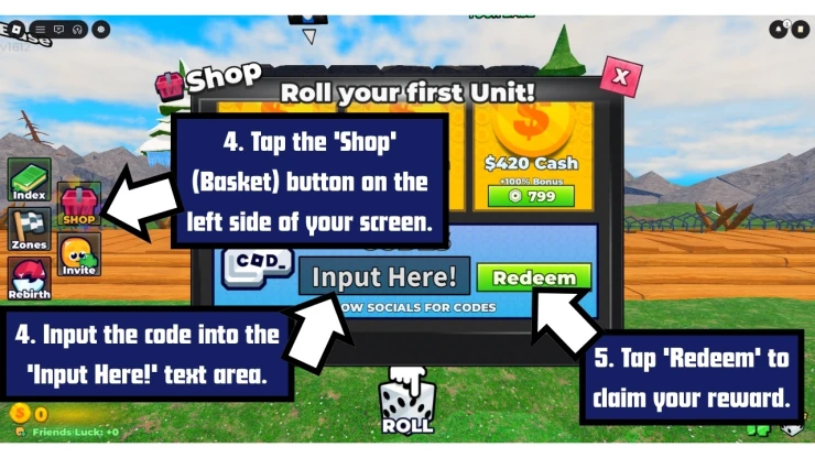 Roll to Defend redeem code screen showing where to enter Roll to Defend codes