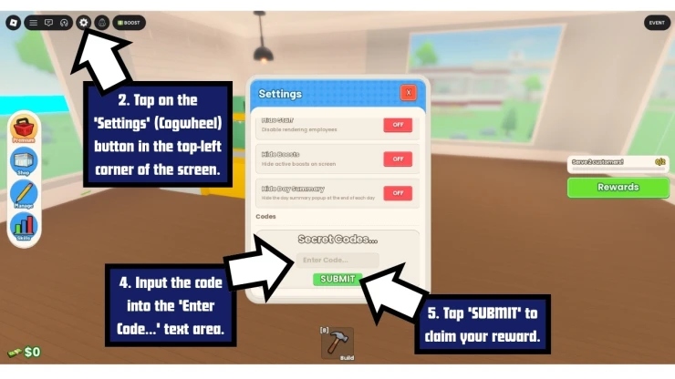 Run a Restaurant redeem code screen showing where to enter Run a Restaurant codes