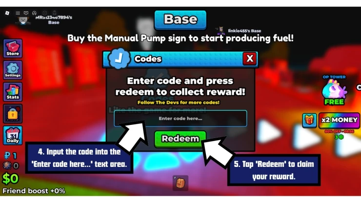 Sail Your Boat redeem code screen showing where to enter Sail Your Boat codes