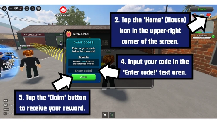 San Diego Border Roleplay redeem code screen showing where to enter San Diego Border Roleplay codes