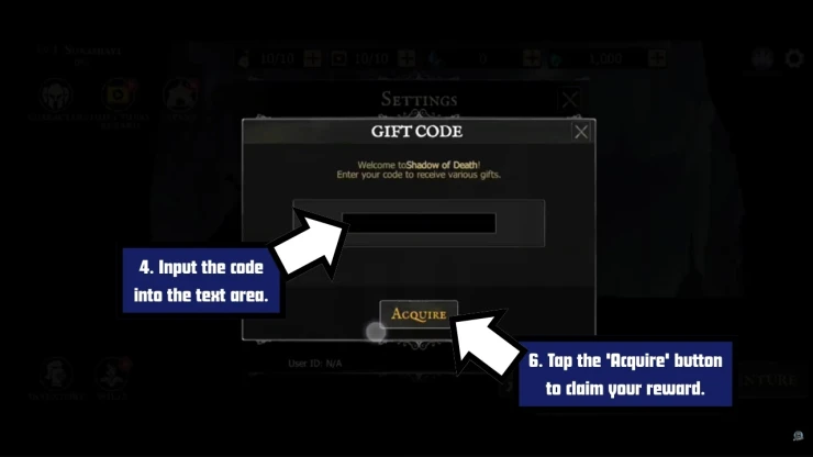 Shadow Of Death redeem code screen showing where to enter Shadow Of Death codes