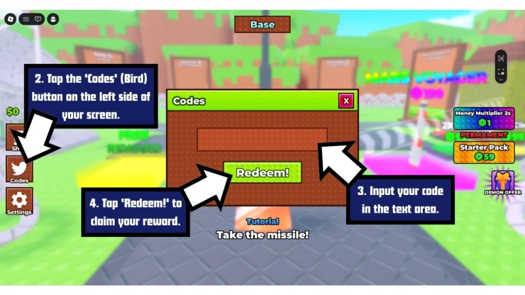Shoot a Plane redeem code screen showing where to enter Shoot a Plane codes
