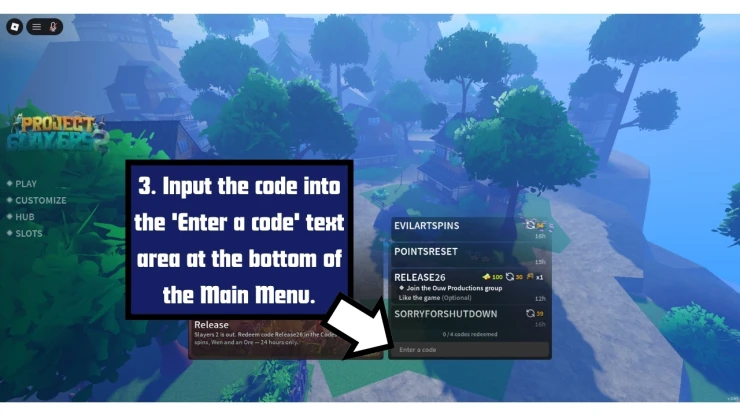Slayers 2 redeem code screen showing where to enter Slayers 2 codes