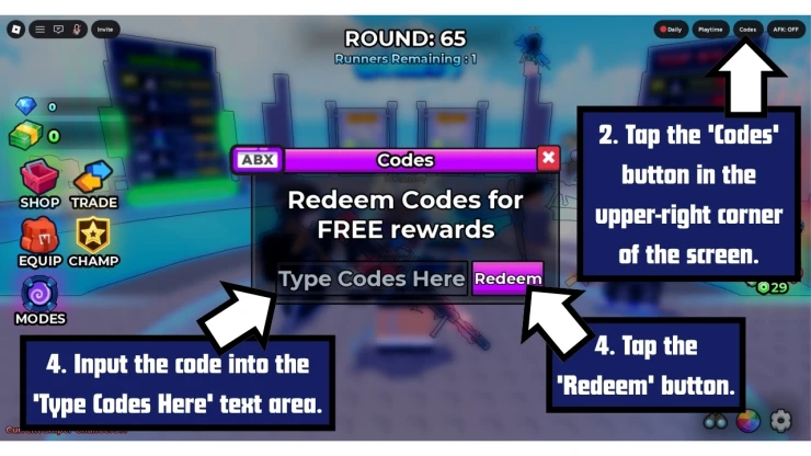 Snipers VS Runners redeem code screen showing where to enter Snipers VS Runners codes