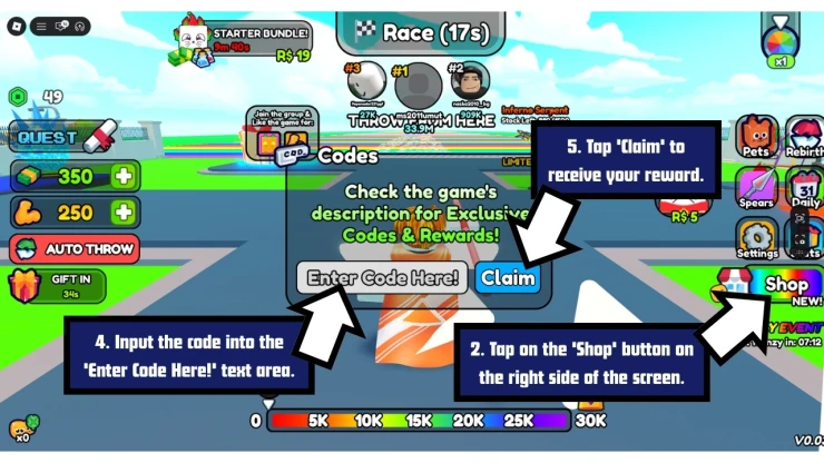 Spear Training redeem code screen showing where to enter Spear Training codes