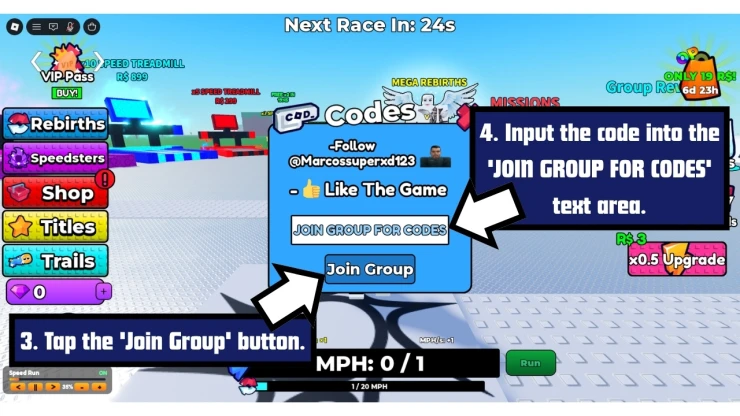 Speedsters Infinite redeem code screen showing where to enter Speedsters Infinite codes