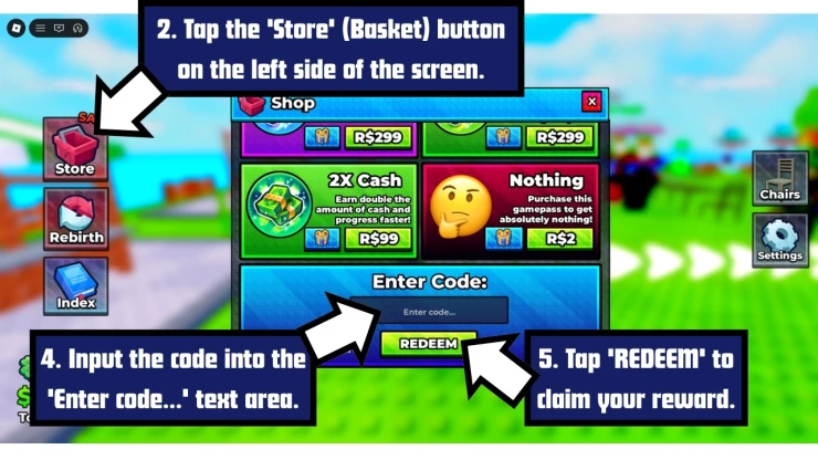 Split or Steal Brainrot redeem code screen showing where to enter Split or Steal Brainrot codes