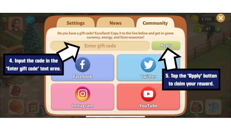 Spring Valley: Farm Adventures redeem code screen showing where to enter Spring Valley: Farm Adventures codes