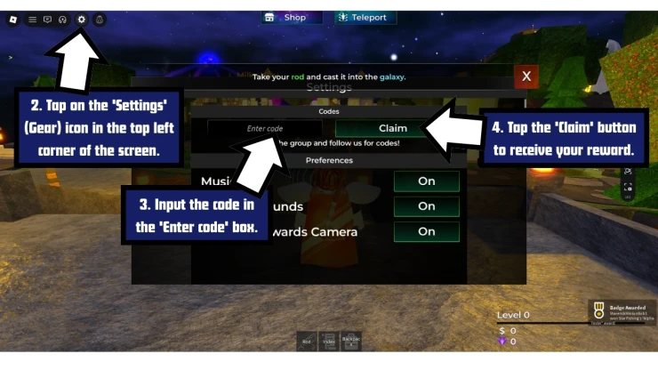Star Fishing redeem code screen showing where to enter Star Fishing codes