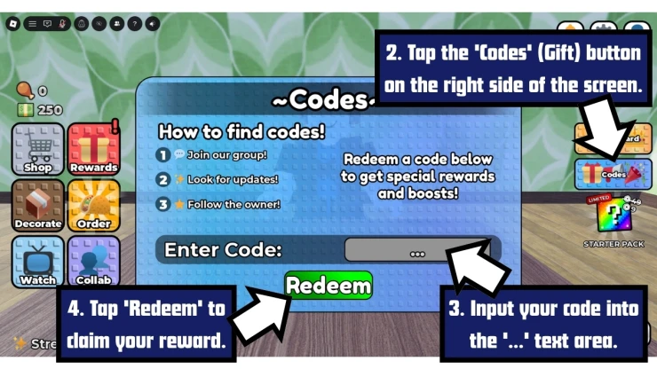 Stream a Mukbang redeem code screen showing where to enter Stream a Mukbang codes