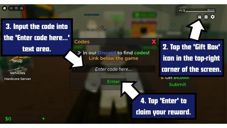 Strike: Warfare redeem code screen showing where to enter Strike: Warfare codes