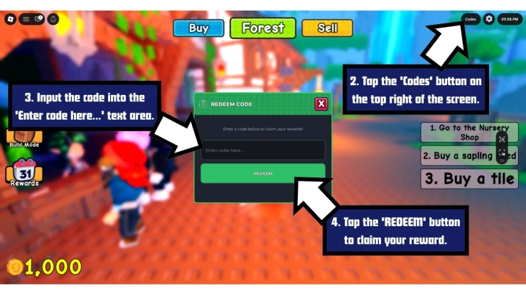 Superforest redeem code screen showing where to enter Superforest codes