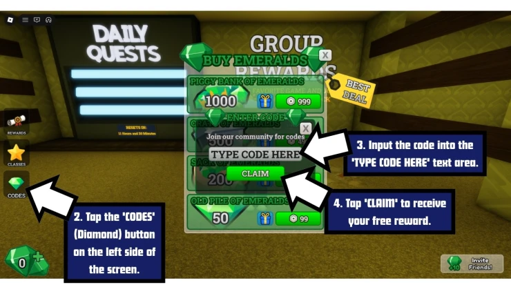 Survive the Backrooms redeem code screen showing where to enter Survive the Backrooms codes