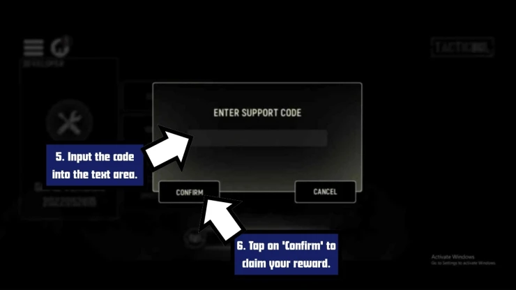 Tacticool redeem code screen showing where to enter Tacticool codes