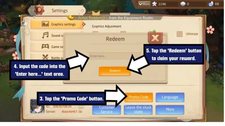 Tales of Wind redeem code screen showing where to enter Tales of Wind codes