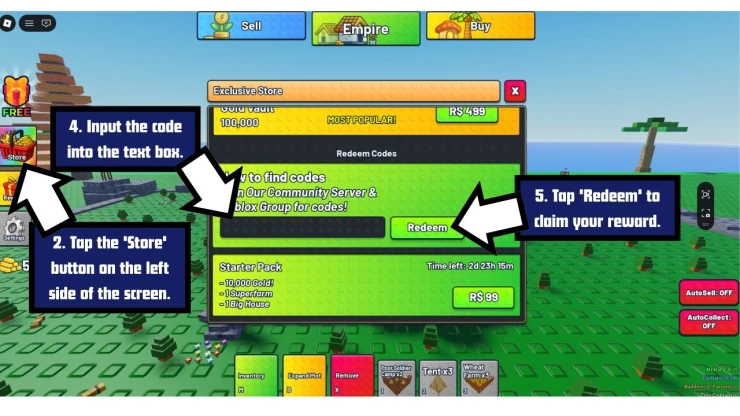 Tiny Empires redeem code screen showing where to enter Tiny Empires codes