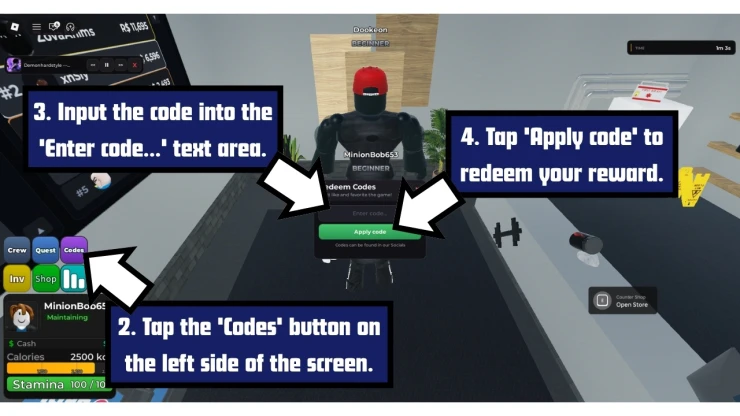 Ultimate Gym Game redeem code screen showing where to enter Ultimate Gym Game codes