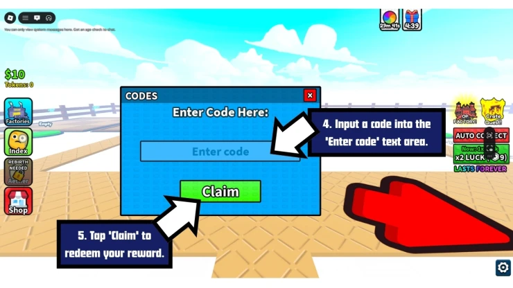 Unbox a Factory redeem code screen showing where to enter Unbox a Factory codes