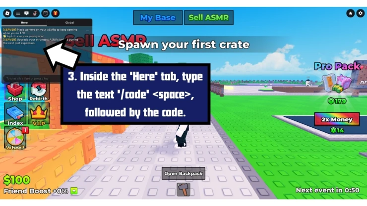 Unbox ASMR redeem code screen showing where to enter Unbox ASMR codes