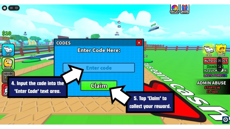 Unbox Your Car redeem code screen showing where to enter Unbox Your Car codes