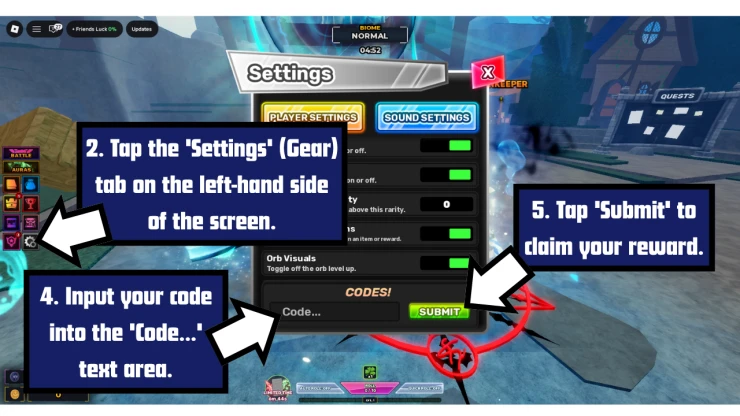 Unscathed RNG redeem code screen showing where to enter Unscathed RNG codes