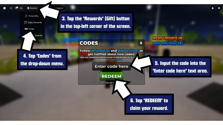 Wheelie District redeem code screen showing where to enter Wheelie District codes