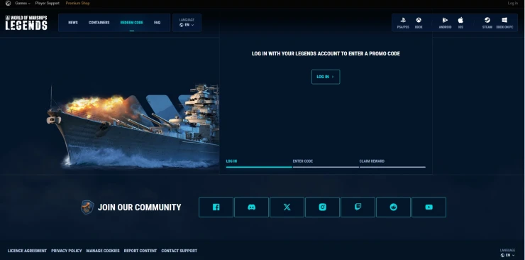 World of Warships: Legends redeem code screen showing where to enter World of Warships: Legends codes