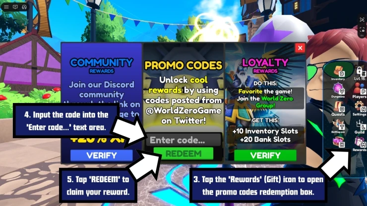 World // Zero Anime RPG redeem code screen showing where to enter World // Zero Anime RPG codes