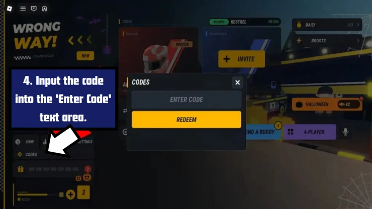 WRONG WAY redeem code screen showing where to enter WRONG WAY codes