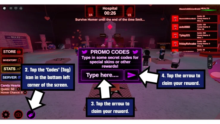 You VS Homer redeem code screen showing where to enter You VS Homer codes