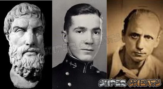 Epicurus (left), Robert A. Heinlein (middle), and T. Smith (right)