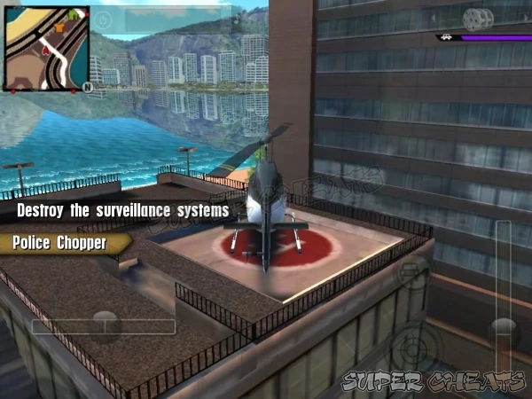 Get in the helicopter and use it to destroy the surveillance equipment