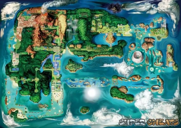Hoenn, a region that consists of a main island that stretches widely from east to west, along with countless small islets that dot the deep blue sea around it. A live volcano steams constantly in the heart of this green-covered island.