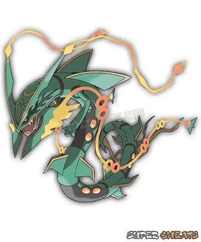 Particles stream from the long filaments that extend from its jutting jaw. These particles can control the density and humidity of the air, allowing Rayquaza to manipulate the weather. Its green hide sparkles with an emerald-like quality.