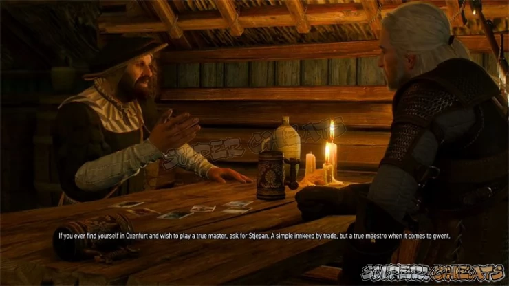 Each new person you meet offers potential - for violence, for companionship, and rarely can offer information you need.  In this case the new person you meet is a Scholar who not only offers you entertainment from his ignorance of war, but teaches you to play the game of Gwent, which is its own reward!