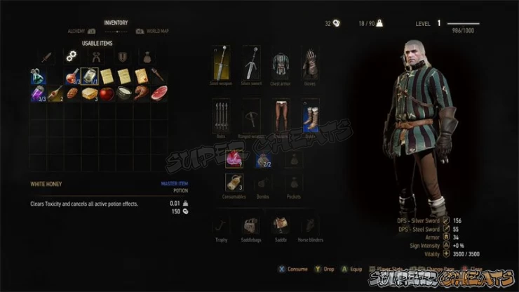 In addition to allowing you to equip or put away the various kit you can use as you play, the Root Inventory Page for the Menu System allows you to determine the condition of your kit, so that you can either seek out an Armorer or Smith for repairs, or do it yourself for light repairs using Repair Kits...